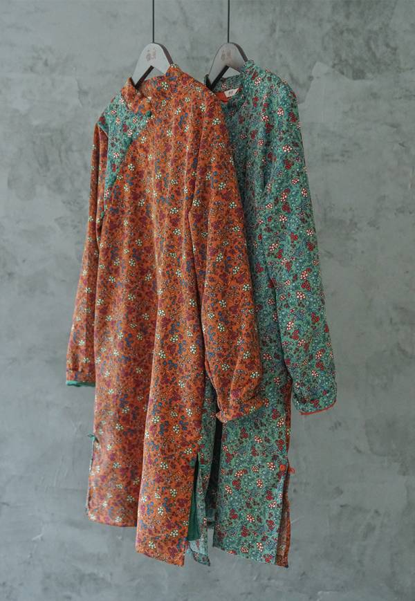 燕燕棉麻～數碼印花燈芯絨材質  長旗袍國風文藝趣味撞色洋裝 連身裙  ab2137201 