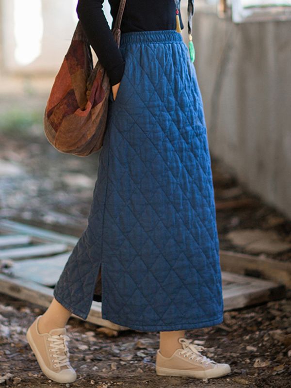 燕燕~冬季新款 苧麻夾棉加厚絎縫菱格長裙 