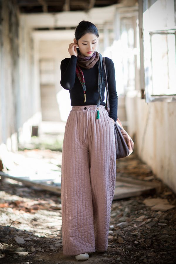 燕燕~冬季新品 苧麻夾棉豎格絎縫闊腿褲 加厚保暖高級感棉褲 