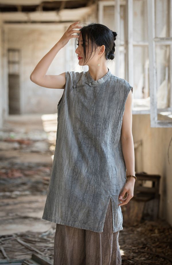 燕燕~莧麻薄款 夏季新款 全新中式盤扣無袖紮染上衣 