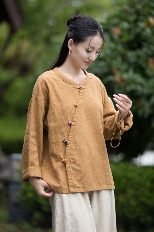 燕燕~秋季新款 禪意茶服苧麻長袖襯衫 復古斜襟盤扣上衣 