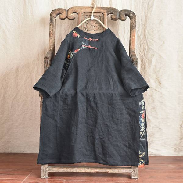 燕燕~棉麻商品 苧麻材質 旗袍款式 復古拼布百搭中長款長版上衣 可當洋裝 連身裙 