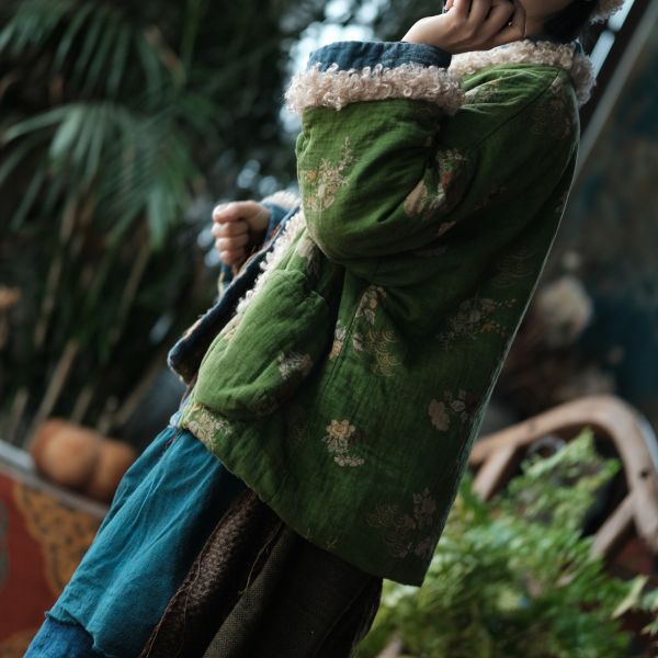 燕燕～復古文藝羊羔絨拼接印花寬鬆棉衣外套 ab226601 