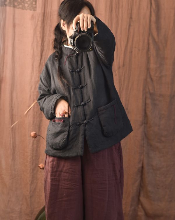 燕燕~秋冬款。苧麻夾棉. 傳統手工盤扣便衣中式小棉襖棉衣外套 