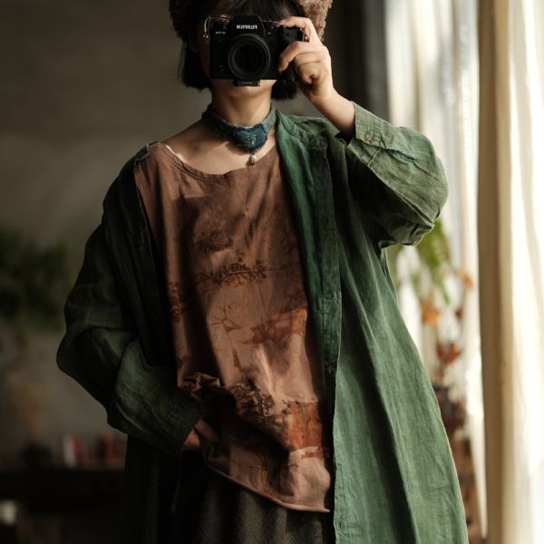 燕燕棉麻～手工植物染棉料輕盈訂製復古手工植物染圓領背心 ab234001 