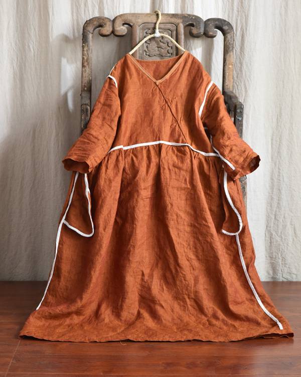 燕燕~棉麻商品~春夏秋新款 色織亞麻V領寬鬆繫帶盤扣洋裝 連身裙 