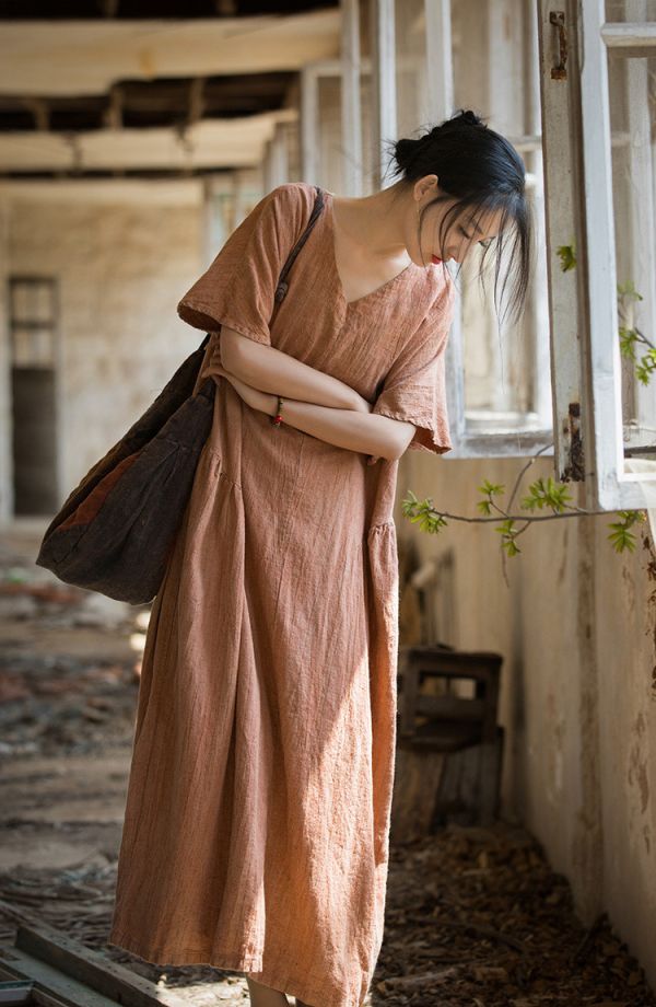 燕燕~亞麻~夏季棉薄款   紮染文藝長裙 洋裝 連身裙 