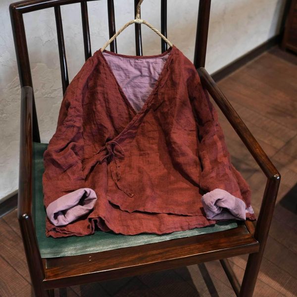 燕燕~春秋款 色織肌理感亞麻 傳統交領繫帶百搭襯衫 長袖上衣開襟衫 