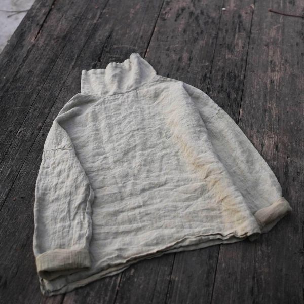 燕燕~色織亞麻 堆堆領上衣 文藝寬鬆上衣長袖襯衫 