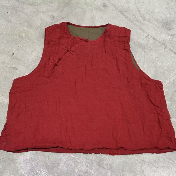 燕燕~秋款 復古偏襟盤扣雙層夾棉套頭棉背心 ab25401 