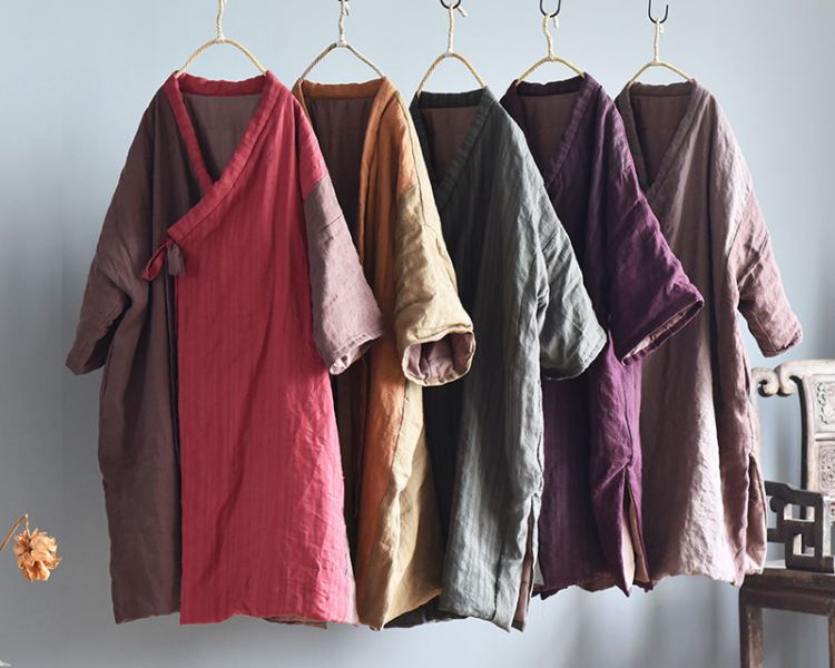 燕燕~拼色設計 亞麻夾棉寬鬆斜襟開衫棉衣外套 長大衣 