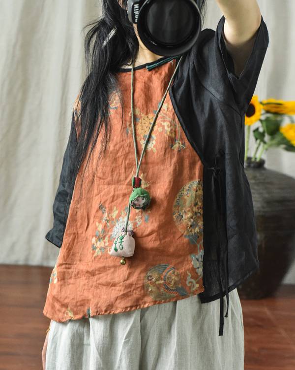 燕燕~棉麻商品 苧麻材質 拼布斜襟盤扣上衣 短款小衫中袖繫帶襯衫 短袖棉麻衫 