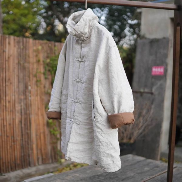 燕燕～堆領保暖 厚棉棉衣砂洗中長亞麻棉服 寬鬆棉衣 厚棉棉衣外套 ab30801 