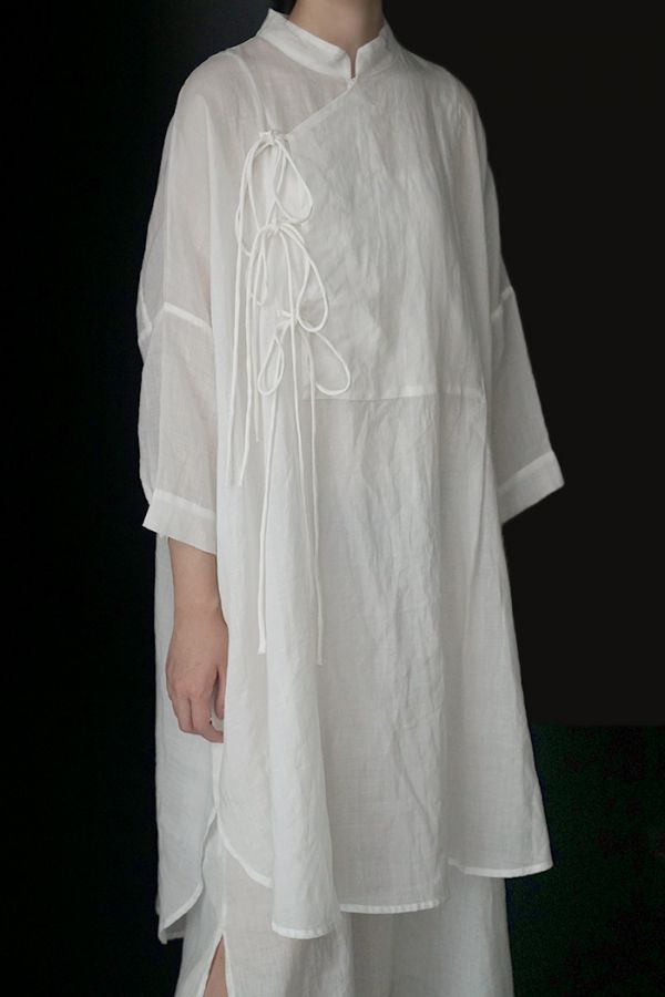 燕燕~棉麻商品~日系森林系  立領繫帶襯衫連身裙  1-19199 