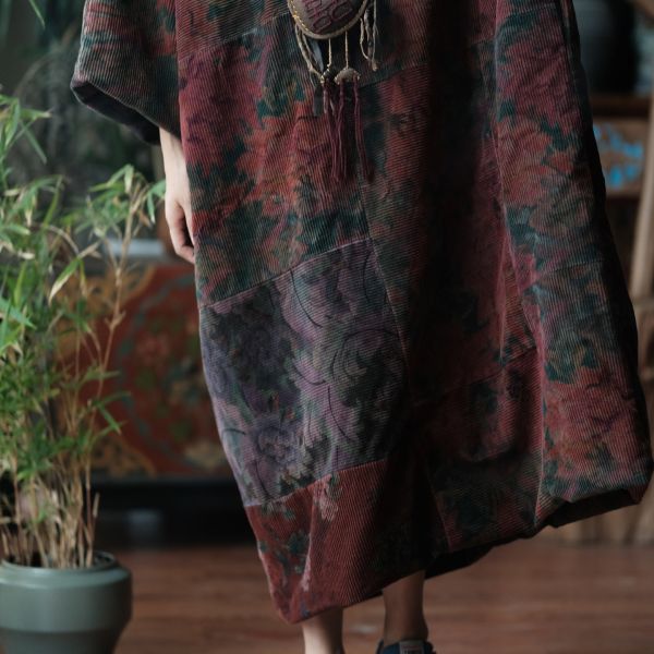 燕燕~秋冬新款 復古文藝V領拼布粗條絨棉袍洋裝 連身裙 ab222101 