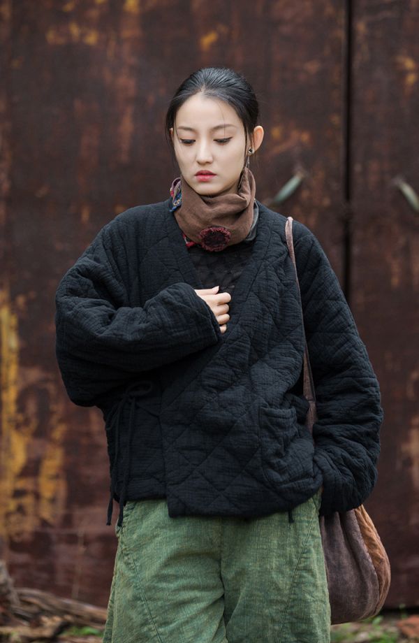 燕燕~秋冬新款  夾棉絎縫保暖棉服文藝隨性禪意風菱格女式短棉衣外套 