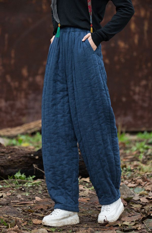 燕燕~苧麻夾棉絎縫炒色保暖長褲 時尚百搭休閒修身棉褲 