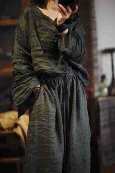 燕燕～夏季  輕薄苧麻落 文藝復古落肩套頭小衫上衣 長袖棉麻衫 