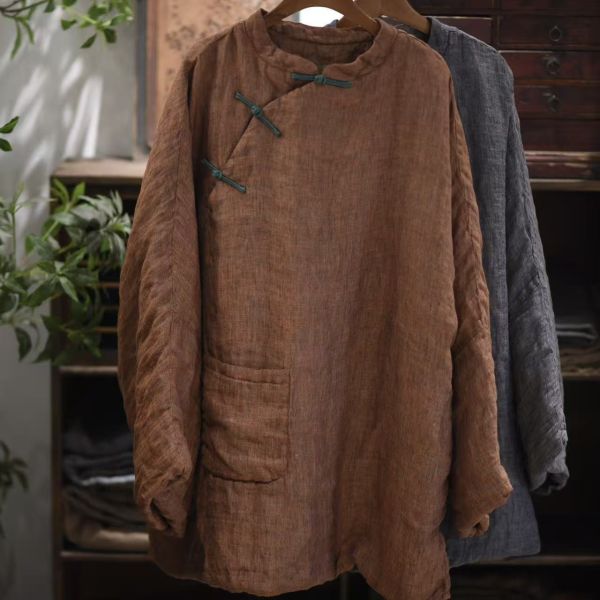 燕燕~秋款 色織亞麻中式復古偏襟盤扣中長小棉袍上衣 ab25301 