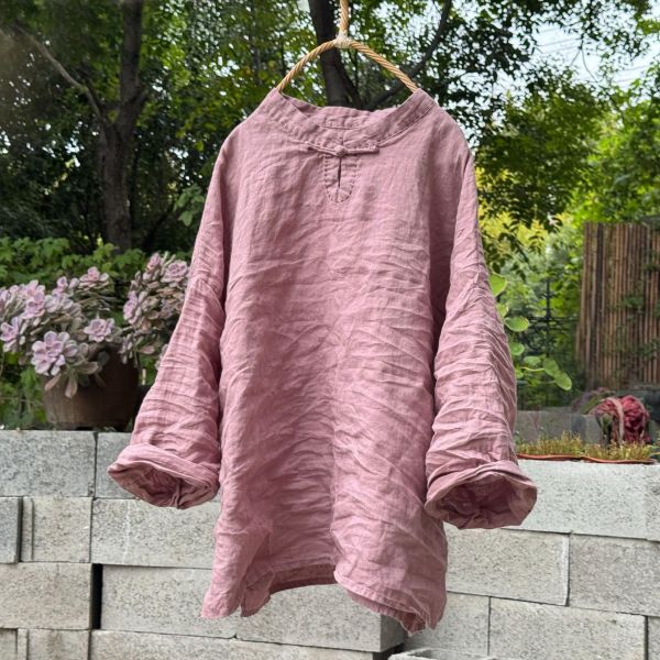 燕燕～高品質砂洗亞麻手工縫製盤扣上衣 手縫線立領襯衫 打底衫 