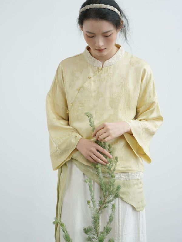 燕燕棉麻～全新夏款 人絲提花襯衫 光澤感珠扣茶服上衣 ab2505401 