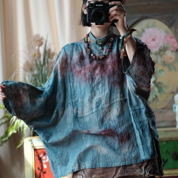 燕燕~輕訂製 植物染毛邊圓領寬鬆小衫 上衣  ab208901 （植物染商品顏色不會一模一樣喔） 