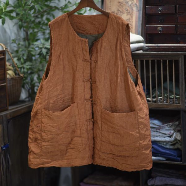 燕燕~色織亞麻中式盤扣雙層夾棉中長棉背心 
