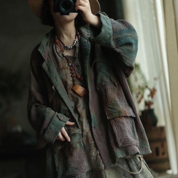 燕燕~植物染 復古翻領中式口袋棉麻外套 ab236301 