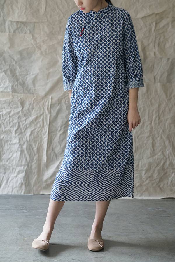 燕燕~棉麻商品~青瓷印花款 顯瘦旗袍洋裝 連身裙 ab202101 