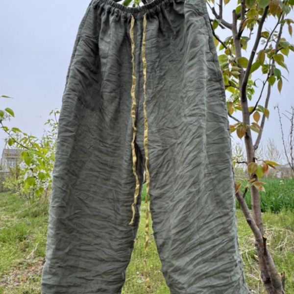 燕燕~四季款~苧麻～藝術寬鬆撞色腰帶休閒長褲 闊腿褲 