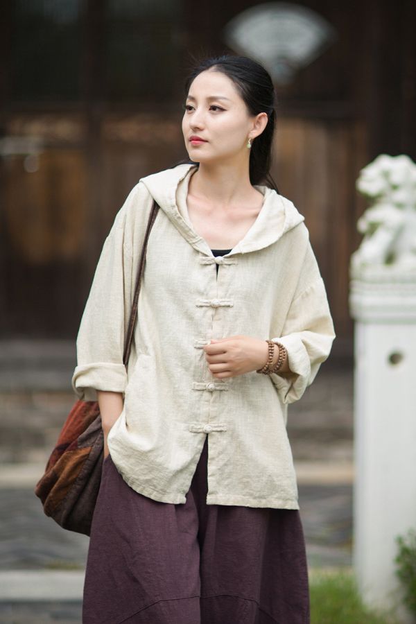 燕燕~秋季新款 苧麻連帽流浪風女式開襟衫 襯衫 外套 