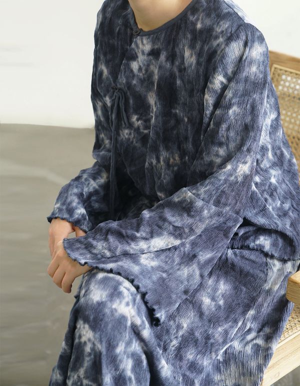 燕燕~全新中式斜襟寬袖皺布襯衫 早秋復古紮染寬鬆上衣 ＋長裙 可搭配套裝 ab2228301 