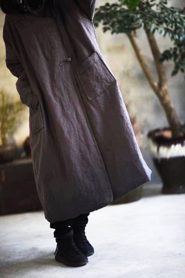 燕燕棉麻~~亞麻材質 冬裝新款 加厚砂洗夾棉連帽盤扣棉袍外套 長大衣 