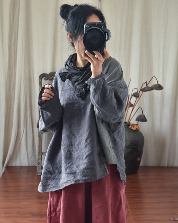 燕燕~春秋款 棉麻  文藝復古拼布 針跡繡線休閒圓領上衣 外套 