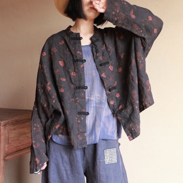 燕燕~棉麻商品~純亞麻  復古印花純亞麻小衫上衣 長袖棉麻衫 