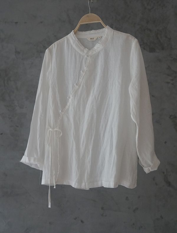 燕燕~棉麻商品~苧麻材質 花邊斜襟設計襯衫 上衣 長袖棉麻衫 1-2233 