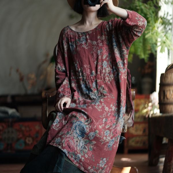 燕燕~棉麻商品~復古紅花側高側抽繩長袍上衣 連身裙。ab151001 