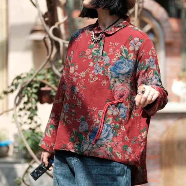 燕燕～文藝復古老花布翻領中式襯衫   ab166201 