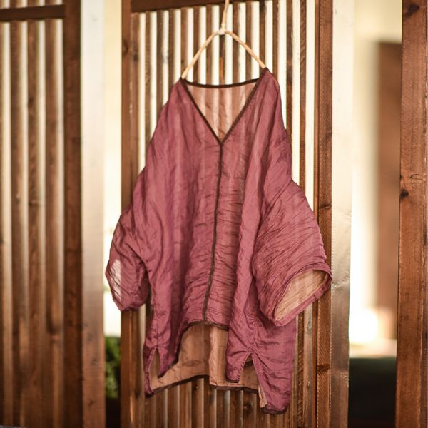 燕燕. 春夏新款 雙色輕薄襯衫 撞色V領手工針跡繡線文藝麻衫 上衣 