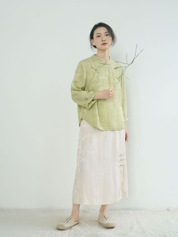 燕燕~人絲提花   珠扣襯衫 禪意中國浪漫斜衫茶服上衣。ab2409901 