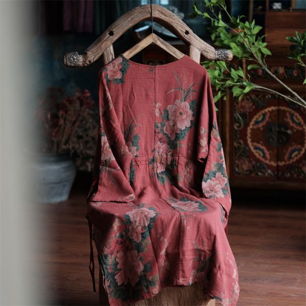 燕燕~棉麻商品~復古紅花側高側抽繩長袍上衣 連身裙。ab151001 