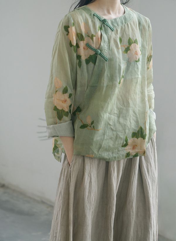 燕燕~苧麻 斜襟數碼印花襯衫 文藝茶服玉蘭上衣. ab2221001 