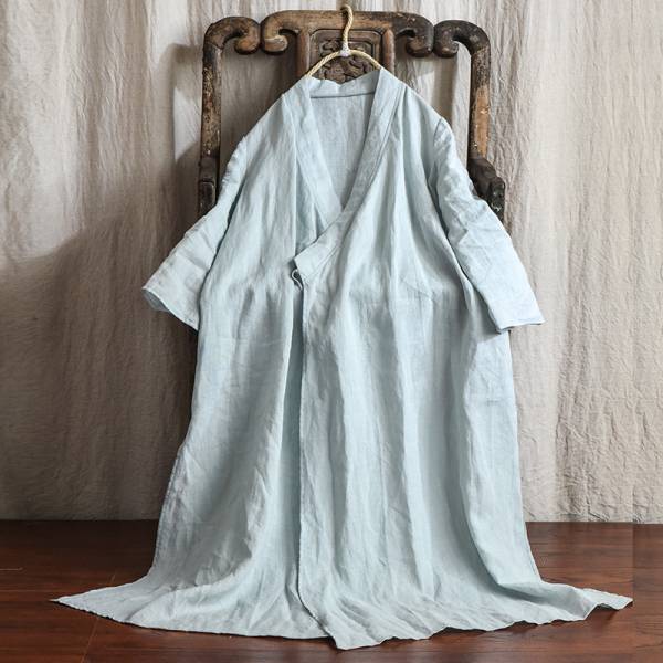 燕燕~棉麻商品~苧麻材質 交領繫帶漢服瑜伽服禪服長款外套 可當洋裝 連身裙 