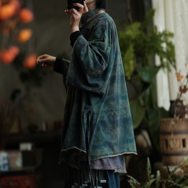燕燕~棉質  文藝復古做舊感寬鬆貼布繫帶開襟衫外披上衣 外套。ab234301 
