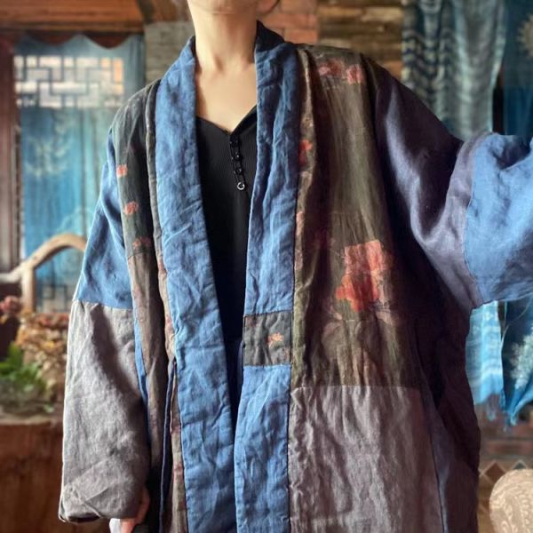 燕燕~秋冬新款 純亞麻   寬鬆繫帶拼布棉衣外套棉袍 長外套 大衣。 ab193001 