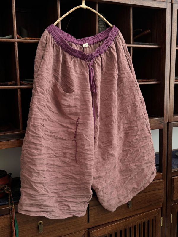 燕燕～亞麻～高品質砂洗寬鬆寬腿中褲 