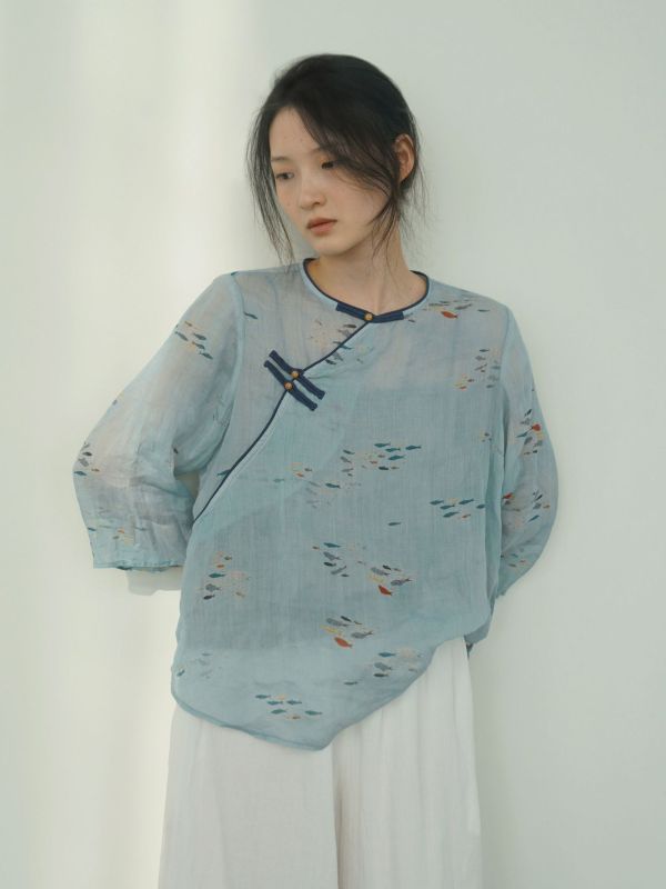 燕燕~中國風禪意數位印花珠扣上衣 文藝復古清涼斜襟襯衫 ab2408801 
