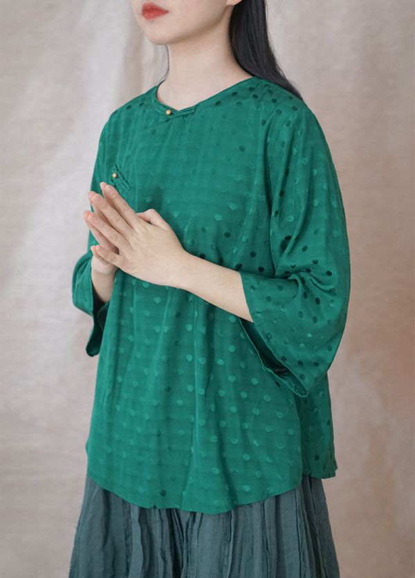 燕燕～棉麻天絲材質  薄點提花斜襟金扣上衣 長袖棉麻衫 ab2205601 