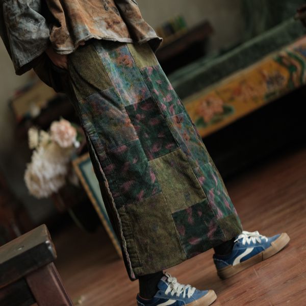 燕燕~復古文藝開叉古布拼接長裙 ab225201 