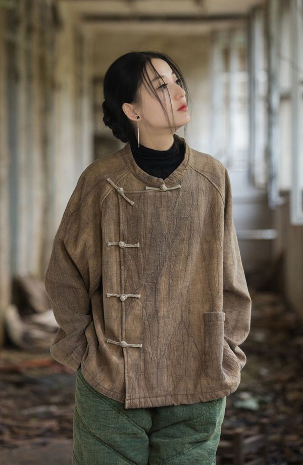 燕燕~秋冬新款   苧麻紮染加厚保暖外套 復古文藝個性盤扣女款T恤 上衣 